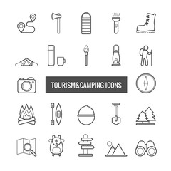 Collection of vector line tourism and camping icons for web design