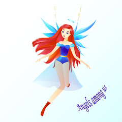 Fototapeta na wymiar an angel, a girl with red hair, a halo and a blue wings, angels among us
