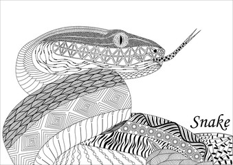 snake in zenart style, black-and-white drawing, doodle, different patterns