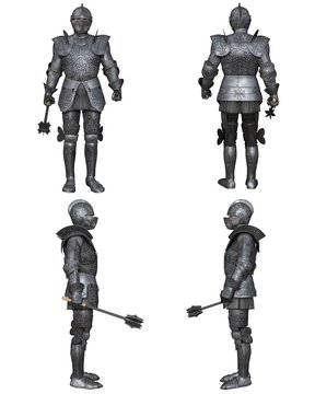Illustration of a Medieval knight wearing 15th century decorated Gothic armour, set of four character views, 3d digitally rendered illustration