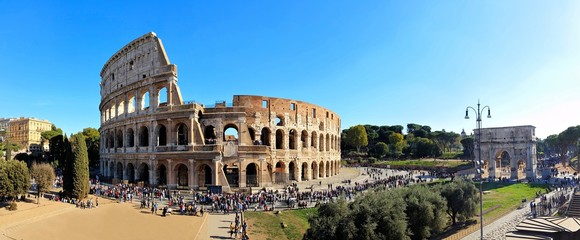 Rome, Italy panorama overlooking the ancient Coliseum and the Arch of Constantine