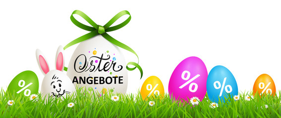 Beschriftetes Osterei mit grüner Schleife, Osterhase, bunten Prozente Eier und Blumenwiese - Osterangebote