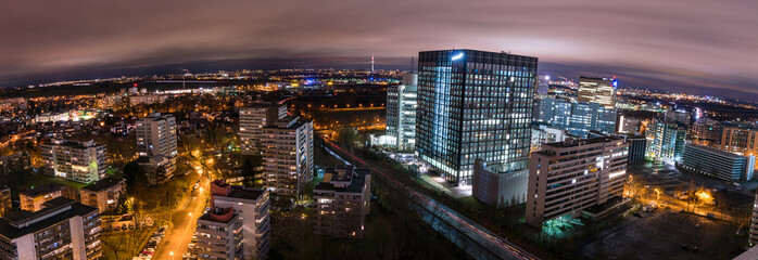 Aerial night view of the Frankfurt city from above.