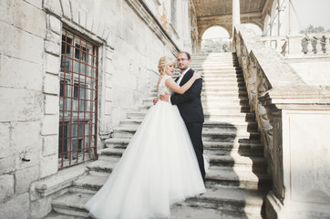 Obraz premium Amazing happy gentle stylish beautiful romantic caucasian couple on the background ancient baroque castle