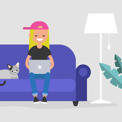 Remote office. Young female millennial freelancer working at home. Modern lifestyle / flat editable vector illustration, clip art