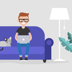 Remote office. Young millennial freelancer working at home. Modern lifestyle / flat editable vector illustration, clip art