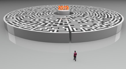 Man in front of a maze with 2019 goal in the center
