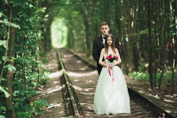 Fototapeta premium Young wedding couple, bride and groom posing on a railway track