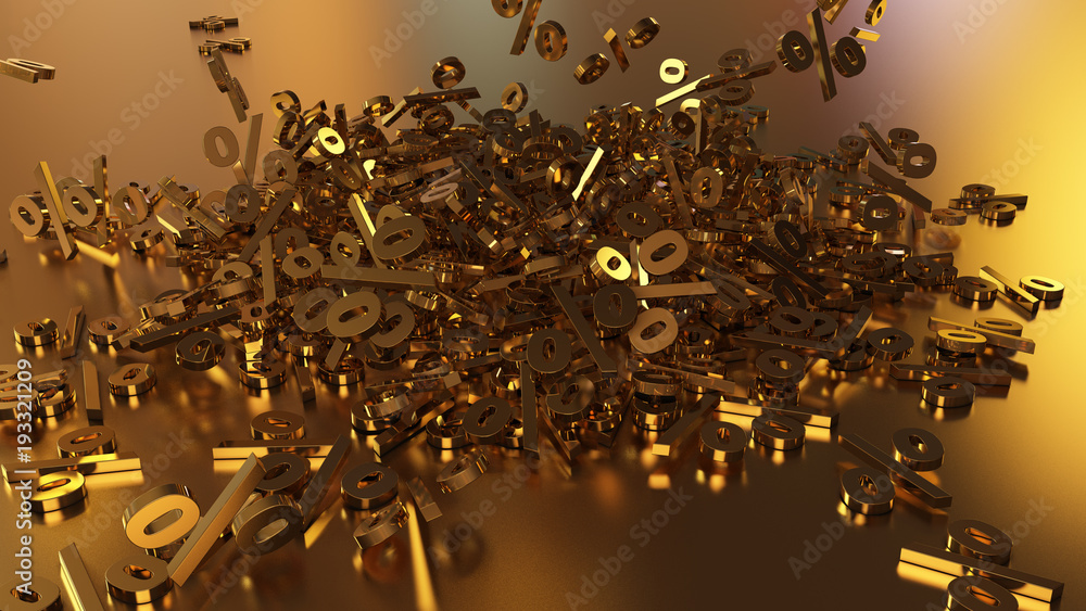 Poster 3d rendering of signs percent, falling into a heap. volumetric signs with a reflective surface