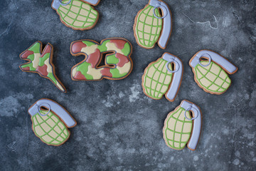 Homemade Gingerbreads in the form of a grenade, tank, fighter aircraft and the numbers "23" in protective khaki color on Defender of the Fatherland Day