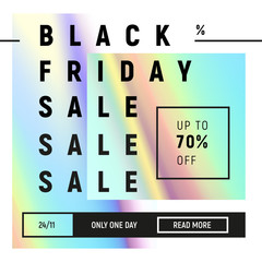Black friday sale template in the trendy holographic fluid style. Blue, pink gradients in minimal design. Abstract square banner for social media, web, e-mail promotion. EPS 10 vector illustration.