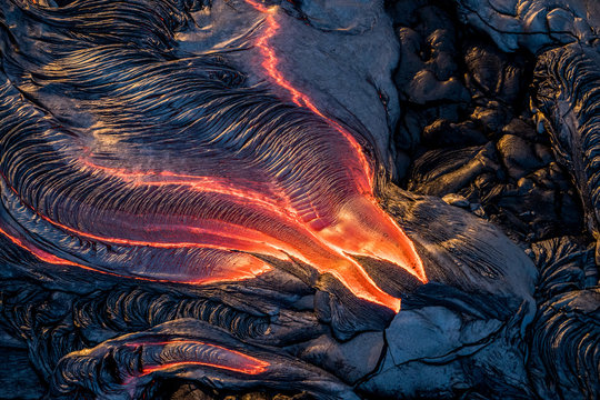 Aerial photo of active lava flow from volcano