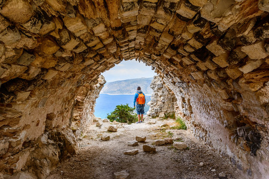 Ruins of a church in Monolithos castle and beautiful landscape view, Rhodes island, Greece