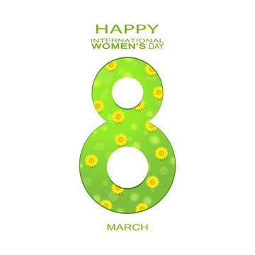 Vector poster for International Women's Day on the gradient gray background with cutout number with green floral pattern, glow and text.