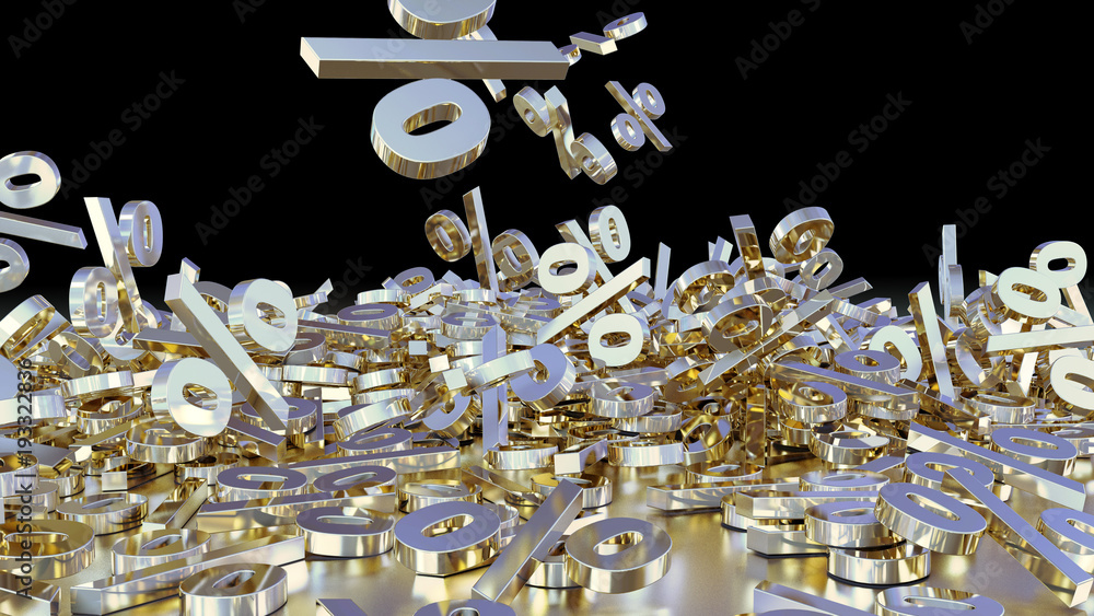 Poster 3d rendering of signs percent, falling into a heap. volumetric signs with a reflective surface