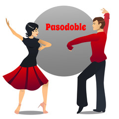 Pasodoble Dancers. Dancing Couple in Cartoon Style for Fliers Posters Banners Prints of Dance School and Studio. Vector Illustration