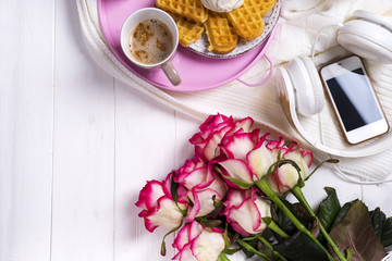 Coffee with waffles and roses. Valentine's Day or 8 march . Delicious Breakfast.