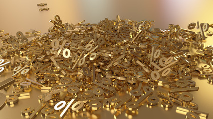 3D rendering of signs percent, falling into a heap. Volumetric signs with a reflective surface