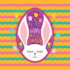 Colorful Happy Easter greeting card, invitation template. Color illustration, typography design, cartoon cute rabbit, egg.