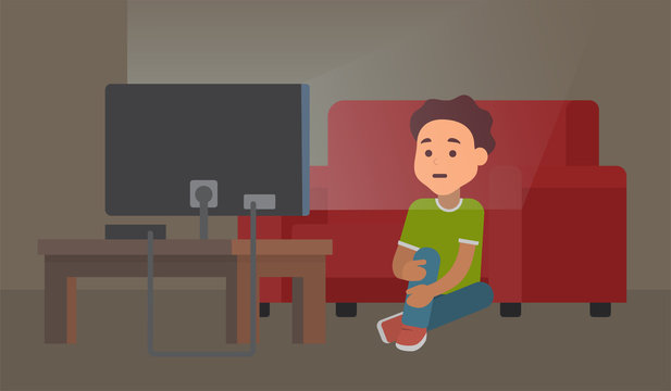 Kid watching TV at night. Vector flat illustration