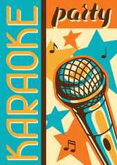 Karaoke party poster. Music event banner. Illustration with microphone in retro style