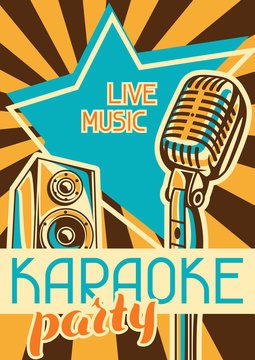 Karaoke party poster. Music event banner. Illustration with microphone and acoustics in retro style