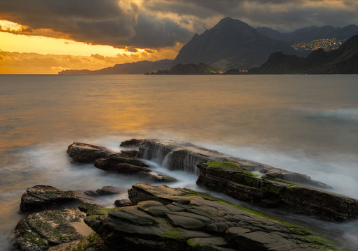 Badouzi coastal park in Taiwan, with a beautiful dramatic sunrise.
