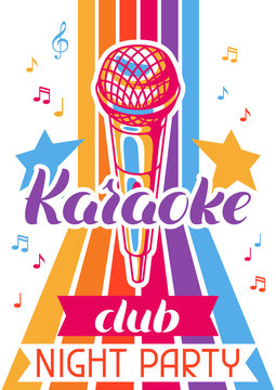 Karaoke club poster. Music event banner. Illustration with microphone in retro style
