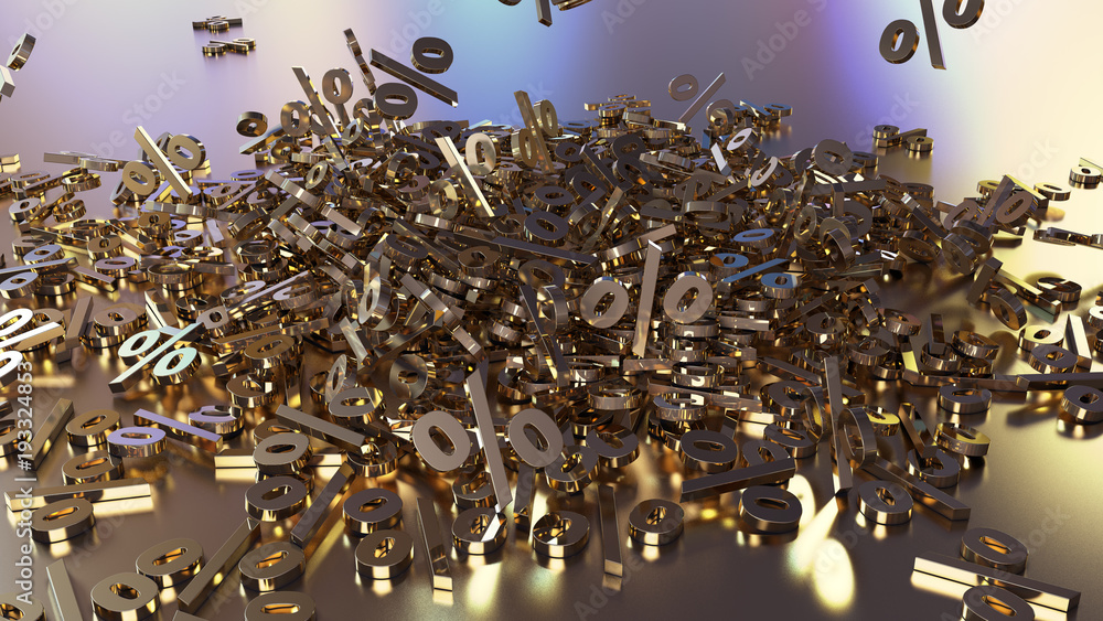 Poster 3d rendering of signs percent, falling into a heap. volumetric signs with a reflective surface