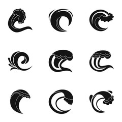 Water wave icons set. Simple set of 9 water wave vector icons for web isolated on white background