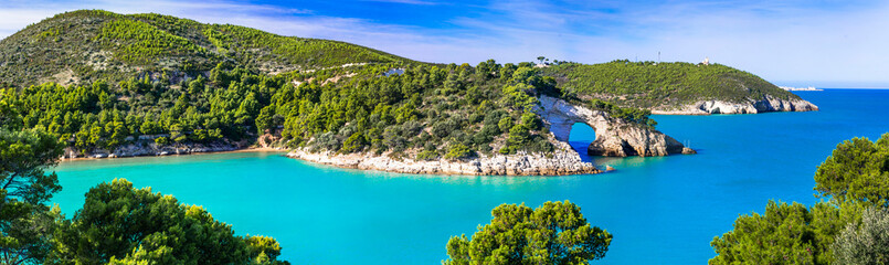 Fototapeta premium Włoskie wakacje w Apulii - naturalny park Gargano z pięknym turkusowym morzem