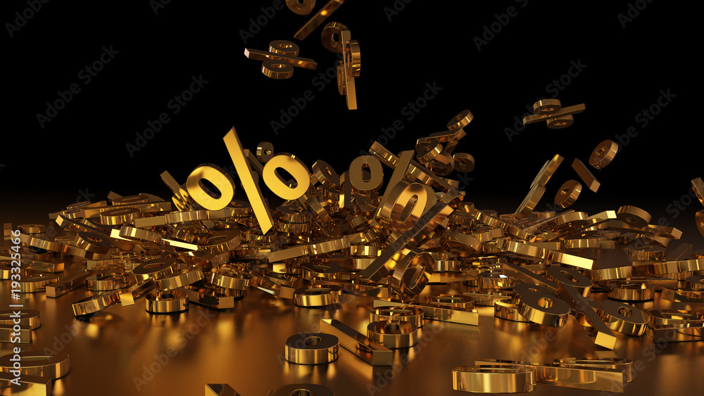 Poster 3d rendering of signs percent, falling into a heap. volumetric signs with a reflective surface