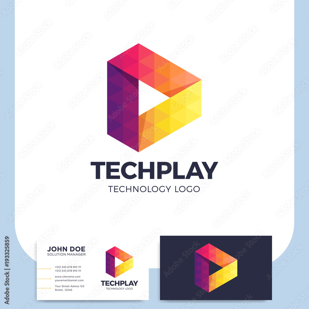Poster multicolor triangle shape media play button logo or symbol in polygonal style
