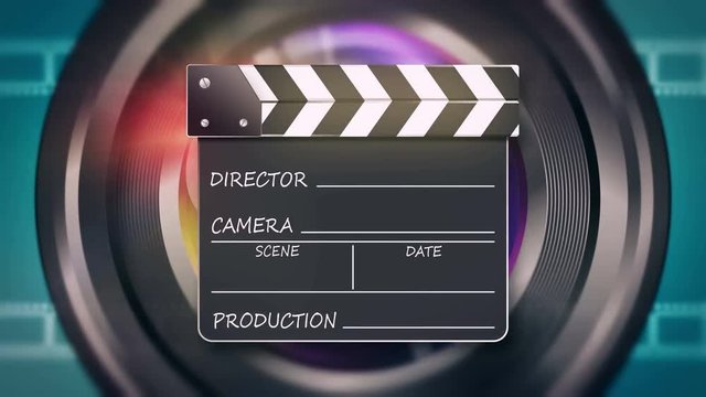 Film countdown leader. Lens camera with movie clapper. 4K UHD animated introduction video.