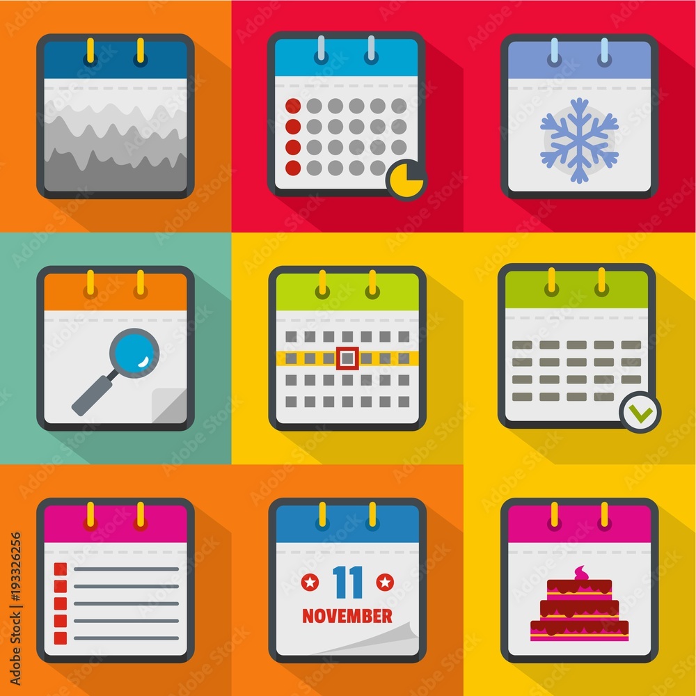 Poster scheduler icons set. flat set of 9 scheduler vector icons for web isolated on white background