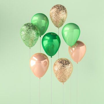 Set of green and golden glossy balloons on the stick with sparkles on green background. 3D render for birthday, party, wedding or promotion banners or posters. Vibrant and realistic illustration.