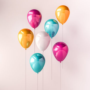 Set of pink, blue and orange glossy balloons on the stick on isolated white background. 3D render for birthday, party, wedding or promotion banners or posters. Vibrant and realistic illustration.