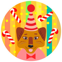 Happy dog in party hat on bright background. Element for greeting card. Vector illustration. Personalized sticker for candy. Holiday favor.