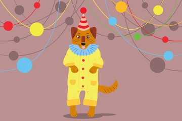 Happy dog in yellow clothing and party hat celebrating the holiday. Circus performance. The image has blank space for text.