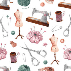 Seamless sewing pattern. Sewing machine, scissors, thread, reel, pins, needles, buttons. Hand-drawn watercolor background