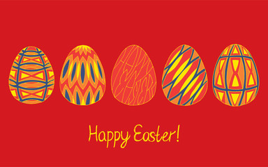 Happy Easter egg sketch collection in bright colors on red background. Modern design slyle