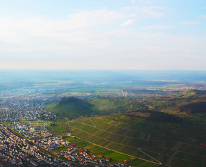 Aerial view of South Germany with beautiful rays of light on the Swabian Alps, near Reutlingen and Stuttgart
