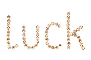 Luck word composed of kegs of lotto isolated on white background