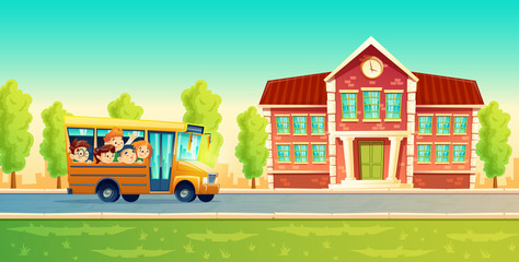 Vector cartoon colorful background with cheerful smiling kids, happy pupils, riding on yellow bus. Back to school concept illustration. Poster with group of boys and girls go on excursion or trip
