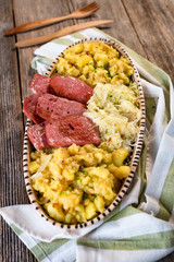 Leberkaese; Sauerkraut and roasted potatoes