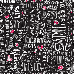 Pattern of words and letters, and women s accessories. Fashionable seamless.