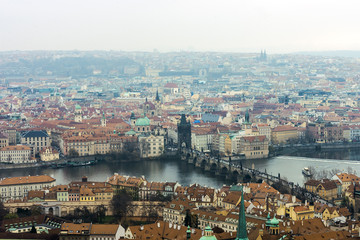 Skyline view panorama of Charles bridge, Karluv Most, with Old Town in Prague. Czech Republic