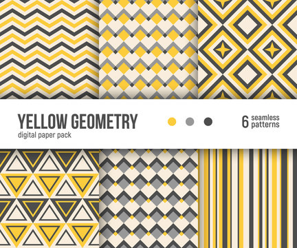 Digital paper pack, set of 6 abstract geometric backgrounds. Seamless vector patterns collection. Yellow and grey chevron, triangles, stripes. 
