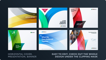 Set of design brochure, abstract annual report, horizontal cover layout