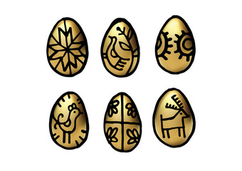 Golen Easter Egg set. Vector isolated handwritten illustration. Graphic black brush lines. Hand drawn painting. Holiday collection